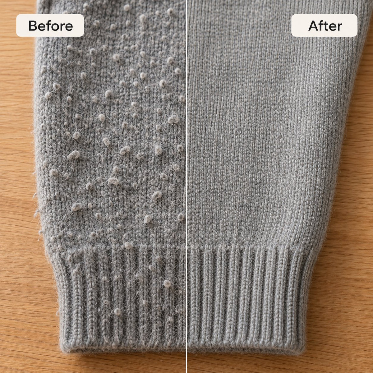 Grey sweater sleeve before and after removing bobbles with a lint remover